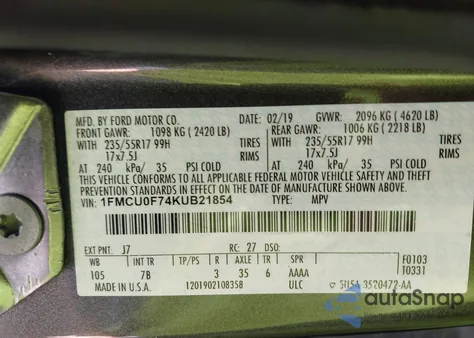 2019 Ford Escape S из США, поврежденный, VIN 1FMCU0F74KUB21854